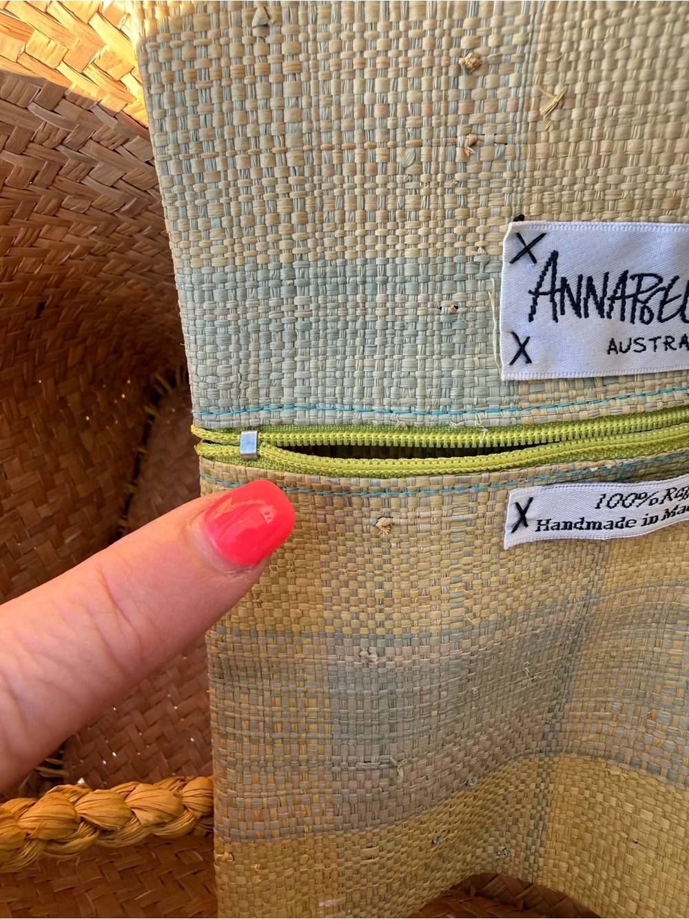Annabel Ingall Butter Yellow Blue Raffia Tote Bag Handmade Madagascar Coastal